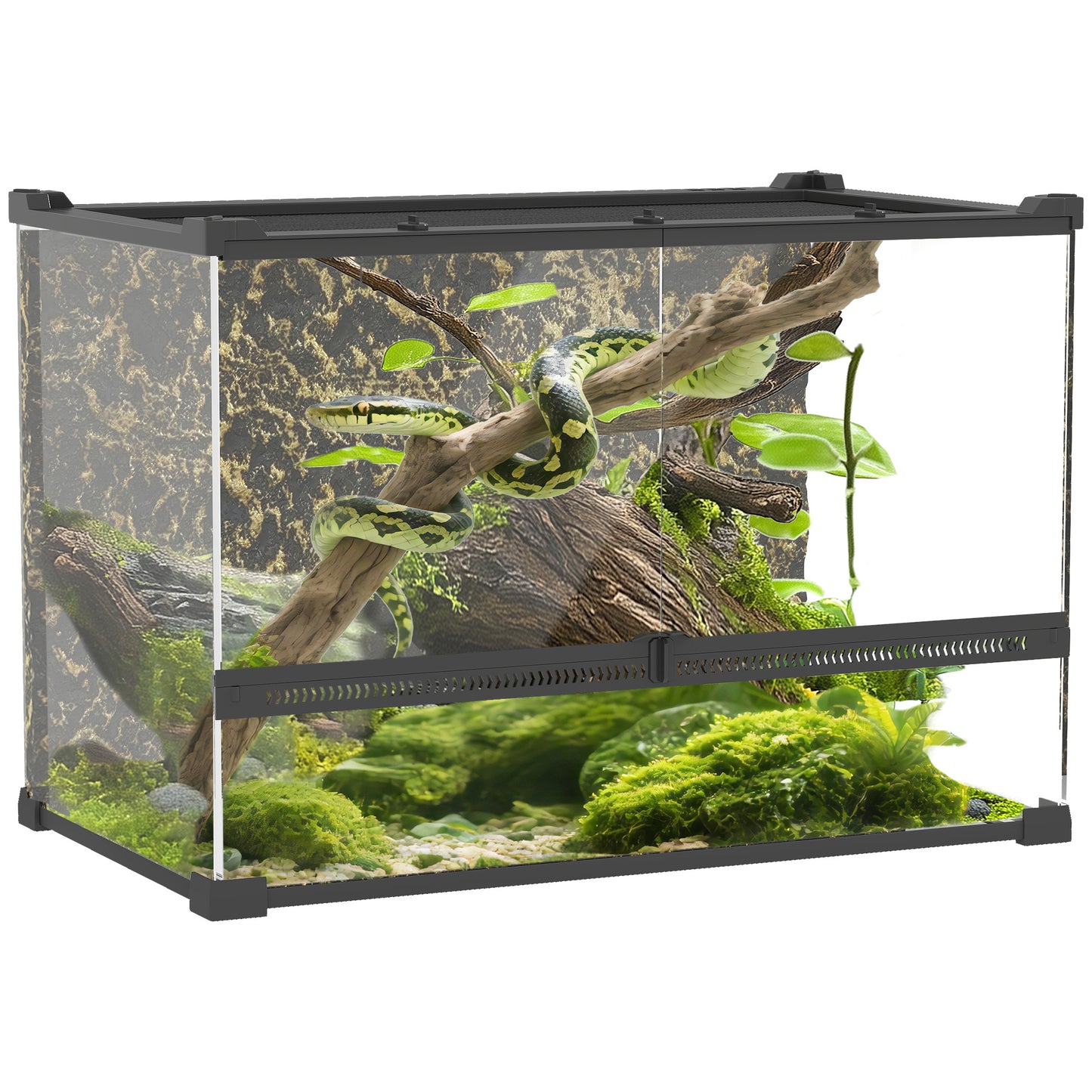 48L Glass Terrarium, Reptile Vivarium with Stone Background, Black
