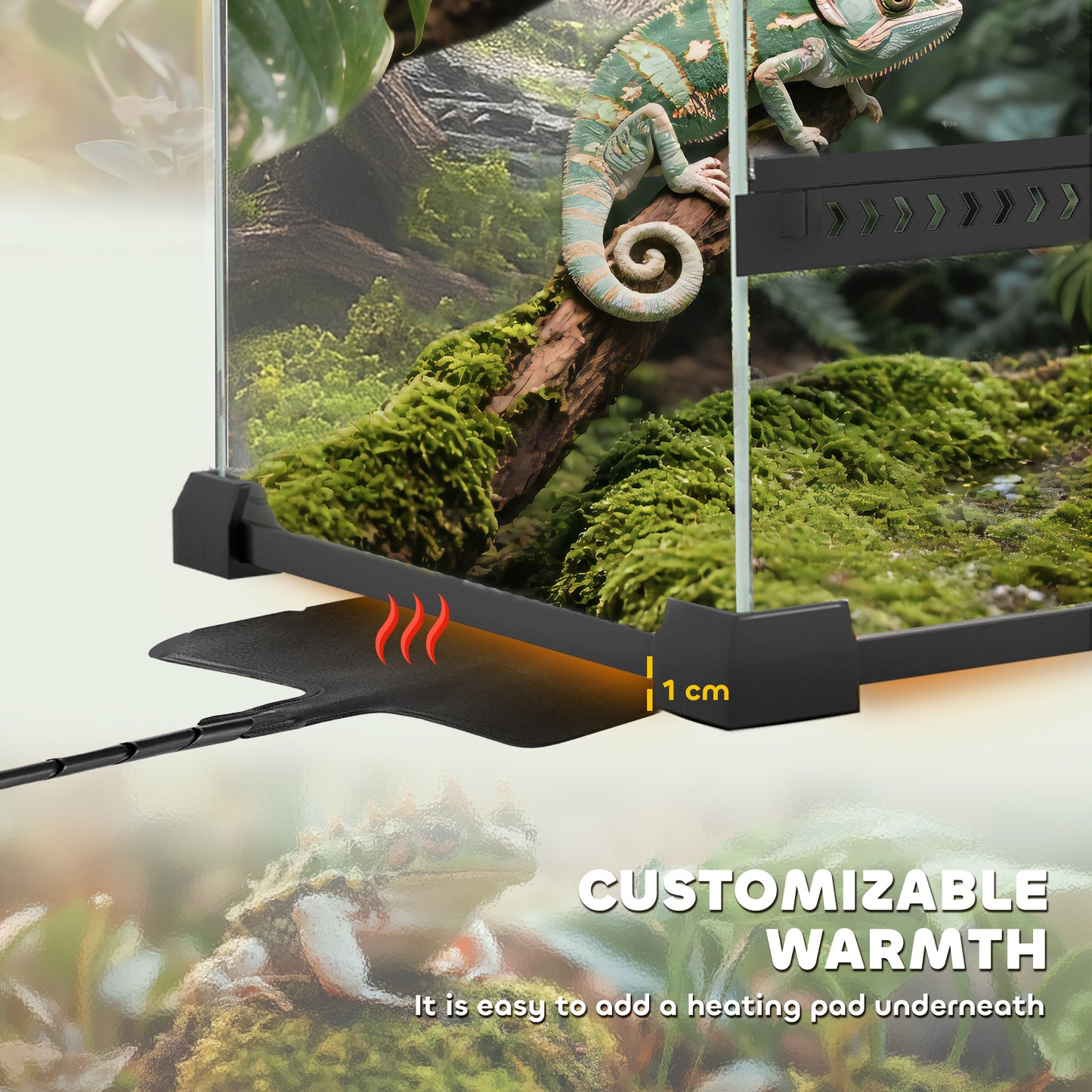 48L Glass Terrarium, Reptile Vivarium with Stone Background, Black