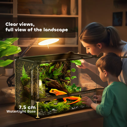 48L Glass Terrarium, Reptile Vivarium with Stone Background, Black