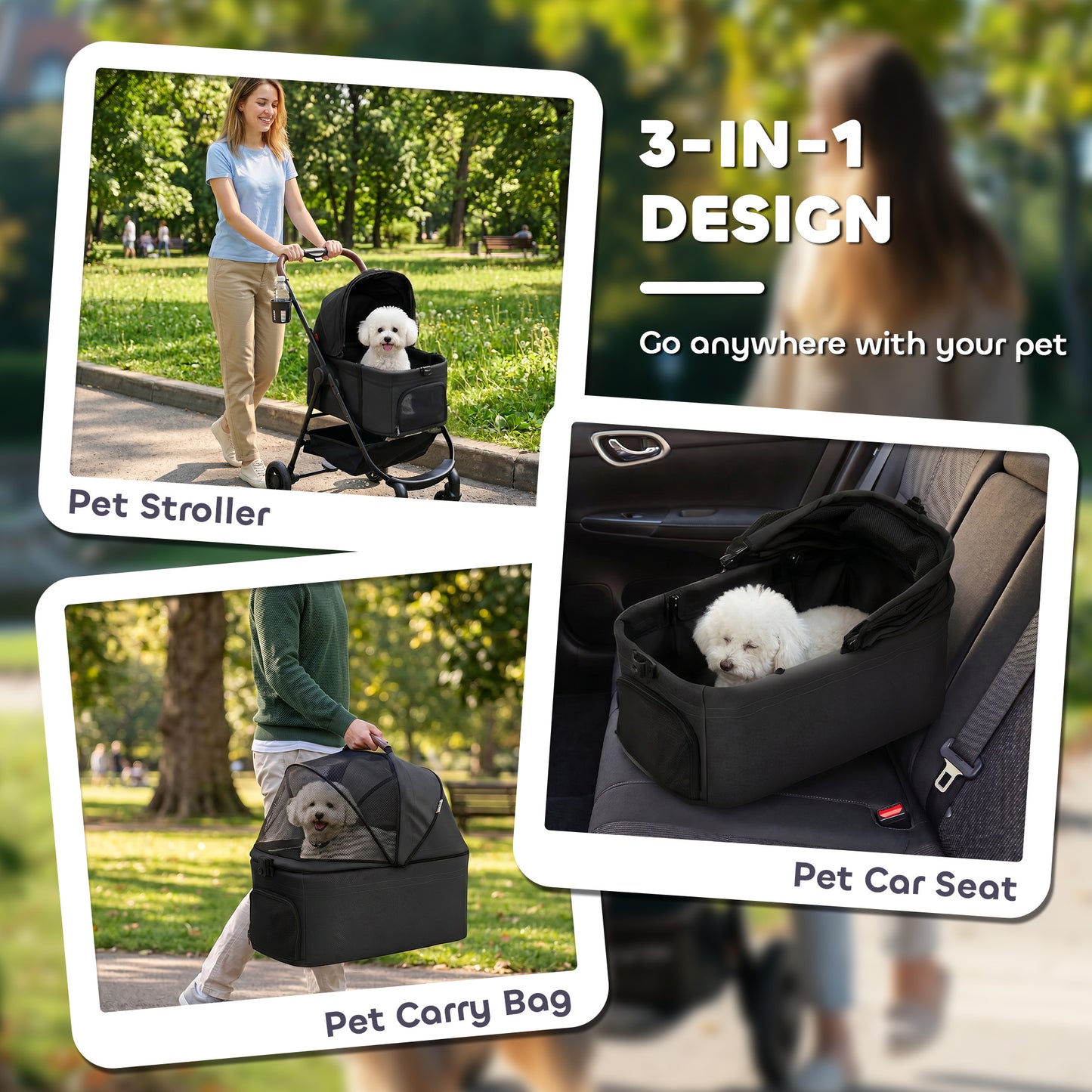 Dog Stroller, 3 in 1 Foldable Pet Stroller for Small Puppy Cat with Detachable Travel Carrier, 4 Wheels Dog Pram with Storage Basket, Seat Leashes, Mesh Window, Black