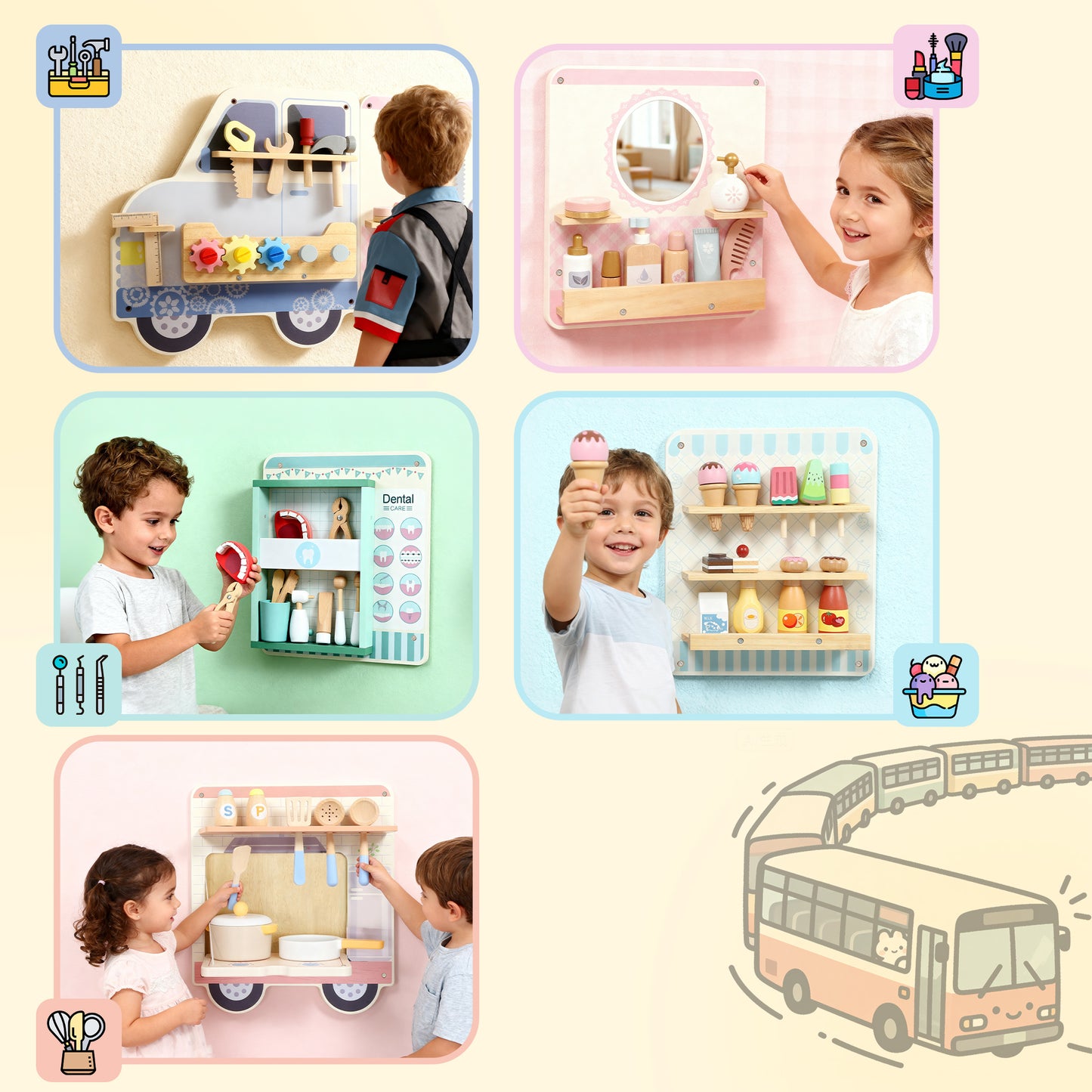 Wooden Busy Board, 5 in 1 Wall Panel Sensory Toy for Kids