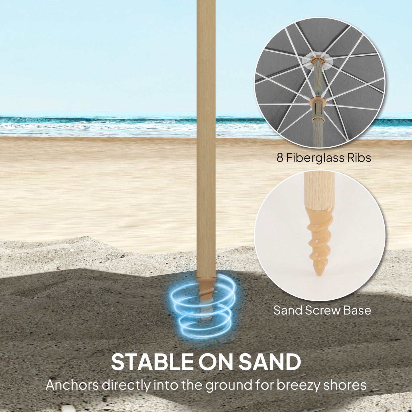 1.7 m Beach Umbrella, Adjustable Height Portable Parasol, Grey