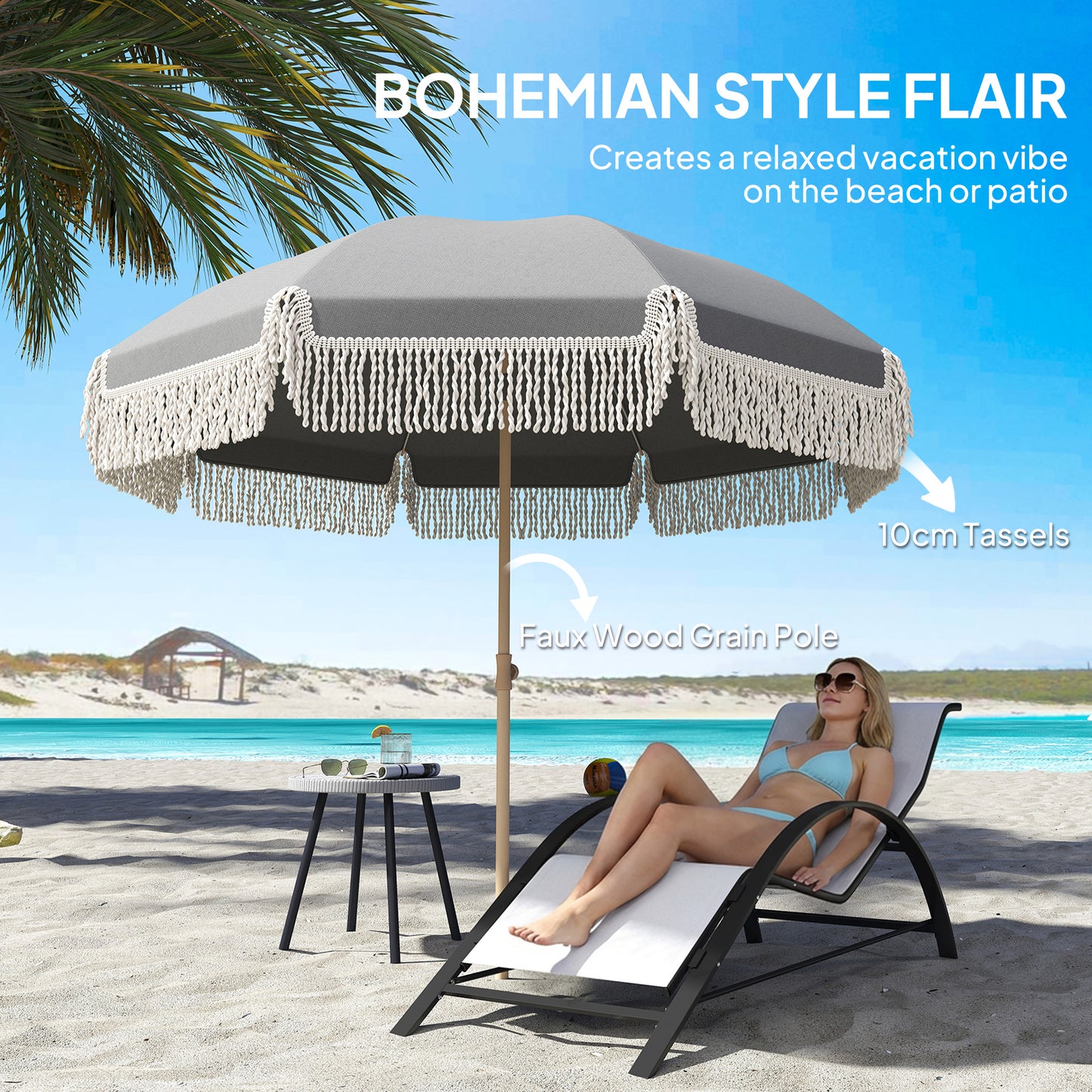 1.7 m Beach Umbrella, Adjustable Height Portable Parasol, Grey