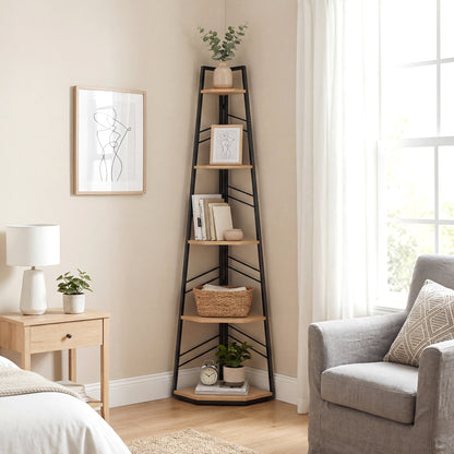 5-Tier Corner Bookcase, Floor Standing Shelving Unit, Natural