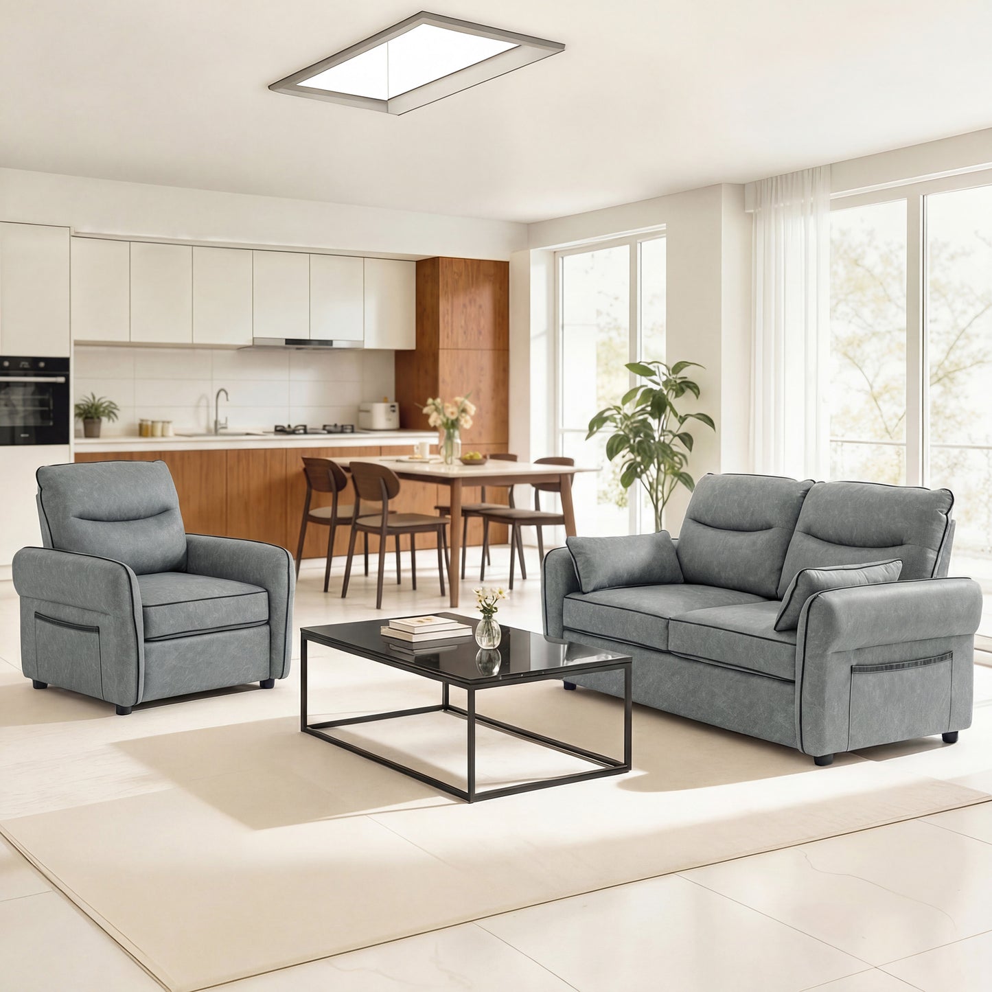 Loveseat Sofa, Faux Leather Sofa with Thicken Cushion, Grey