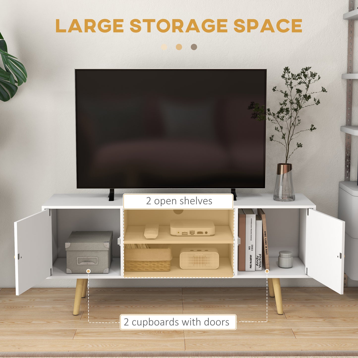 TV Unit Cabinet for TVs up to 55 Inches W/ Shelves and Cupboards, White