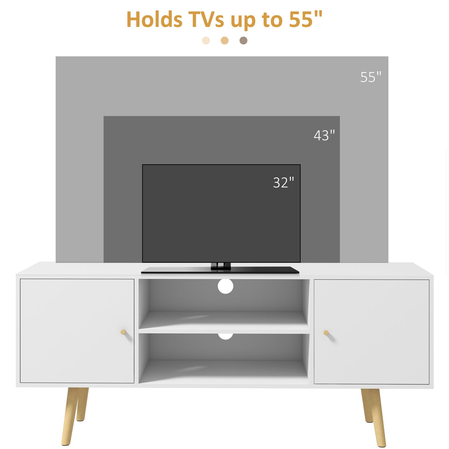 TV Unit Cabinet for TVs up to 55 Inches W/ Shelves and Cupboards, White