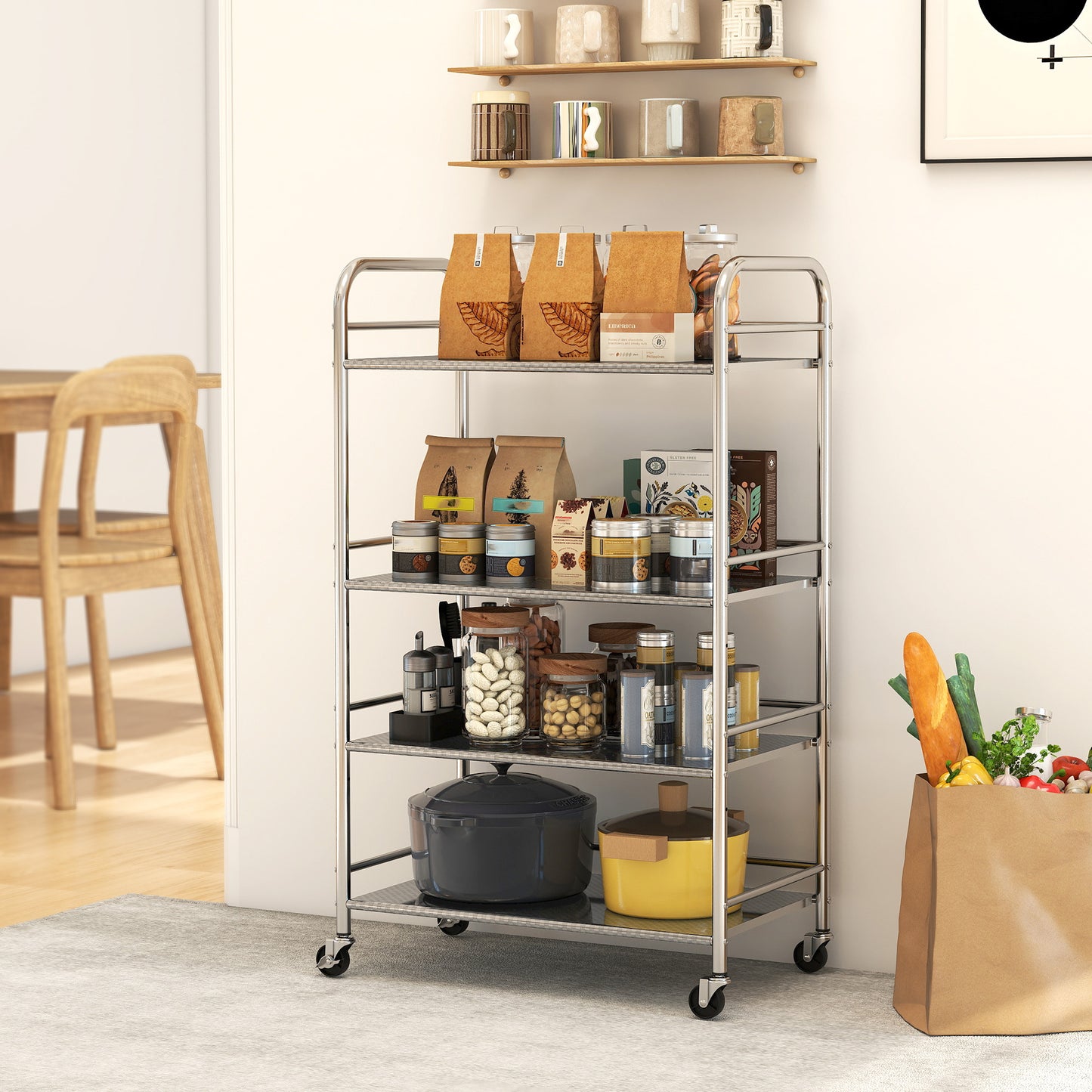 4 Tier Kitchen Trolley on Wheels Serving Cart with Handles Silver