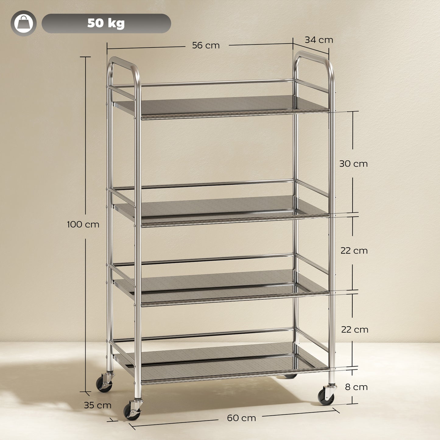4 Tier Kitchen Trolley on Wheels Serving Cart with Handles Silver