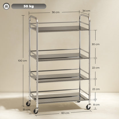 4 Tier Kitchen Trolley on Wheels Serving Cart with Handles Silver