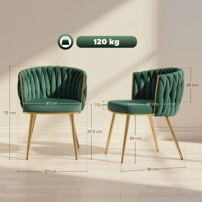Upholstered Kitchen Chairs Set of 2 with Woven Backrest, Dark Green