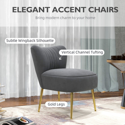 Accent Chair, Velvet Armless Lounge Chair with Gold Tone Steel Legs, Upholstered Occasional Tub Chair for Bedroom, Living Room, Grey