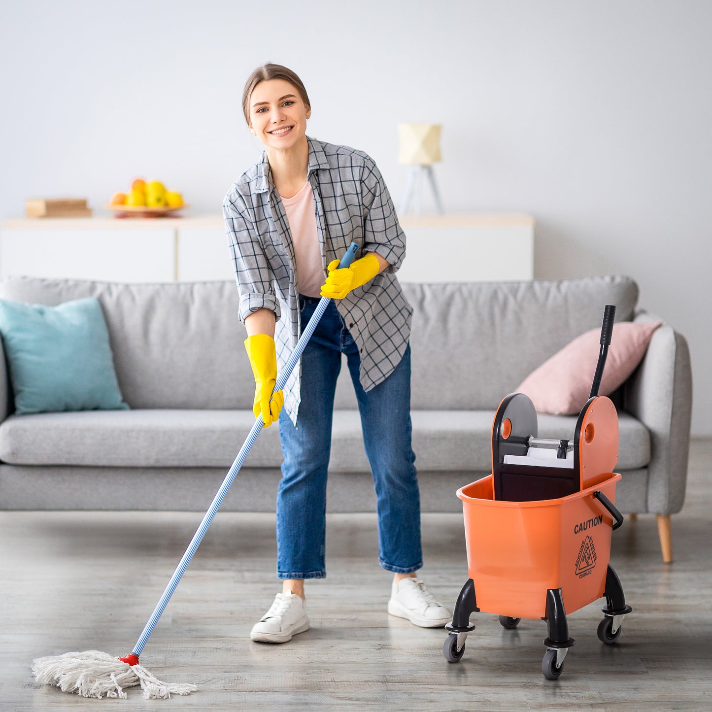 Mop Bucket on Wheels w/ Carry Handle, Mop Holder for Household Orange
