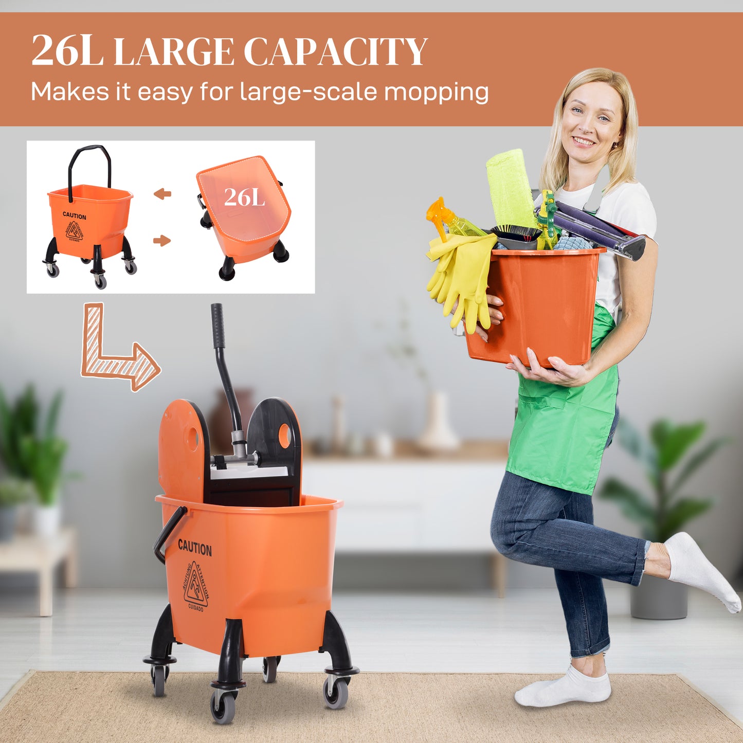 Mop Bucket on Wheels w/ Carry Handle, Mop Holder for Household Orange