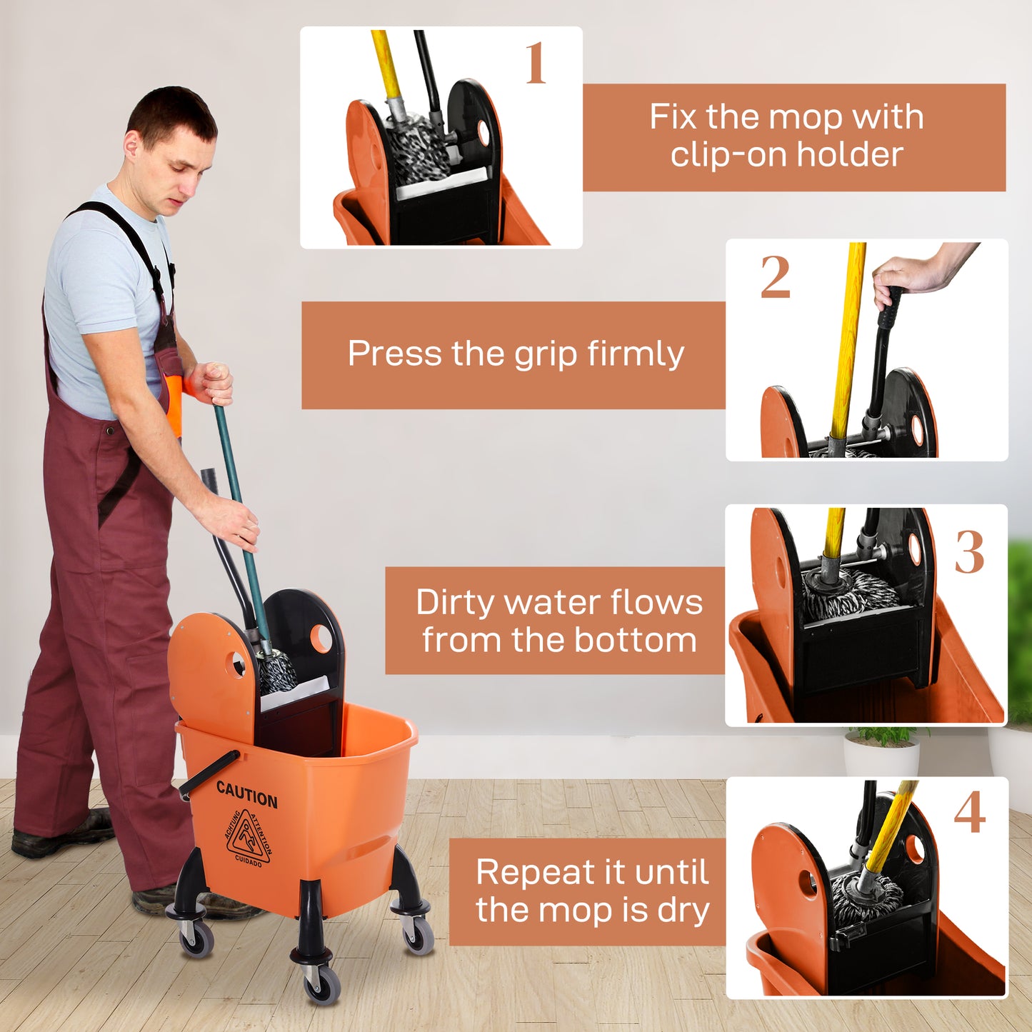 Mop Bucket on Wheels w/ Carry Handle, Mop Holder for Household Orange