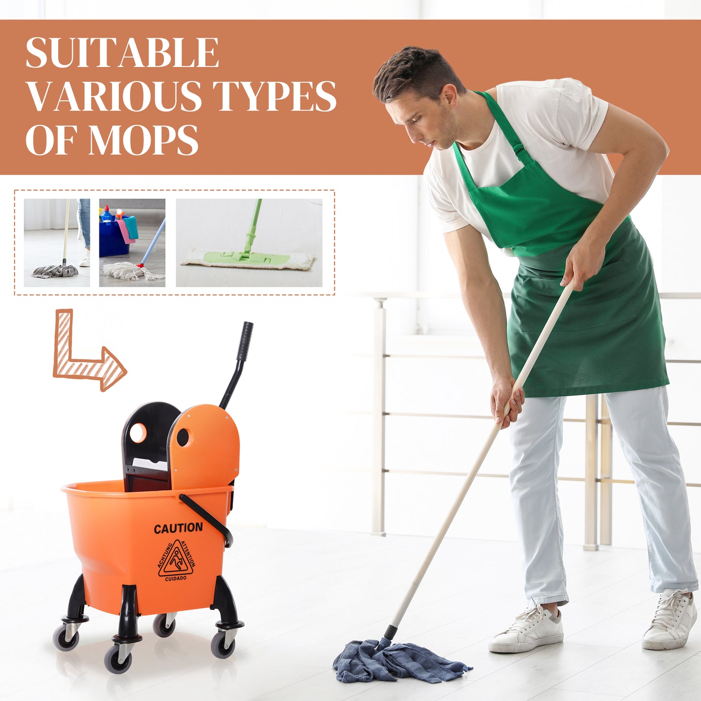Mop Bucket on Wheels w/ Carry Handle, Mop Holder for Household Orange