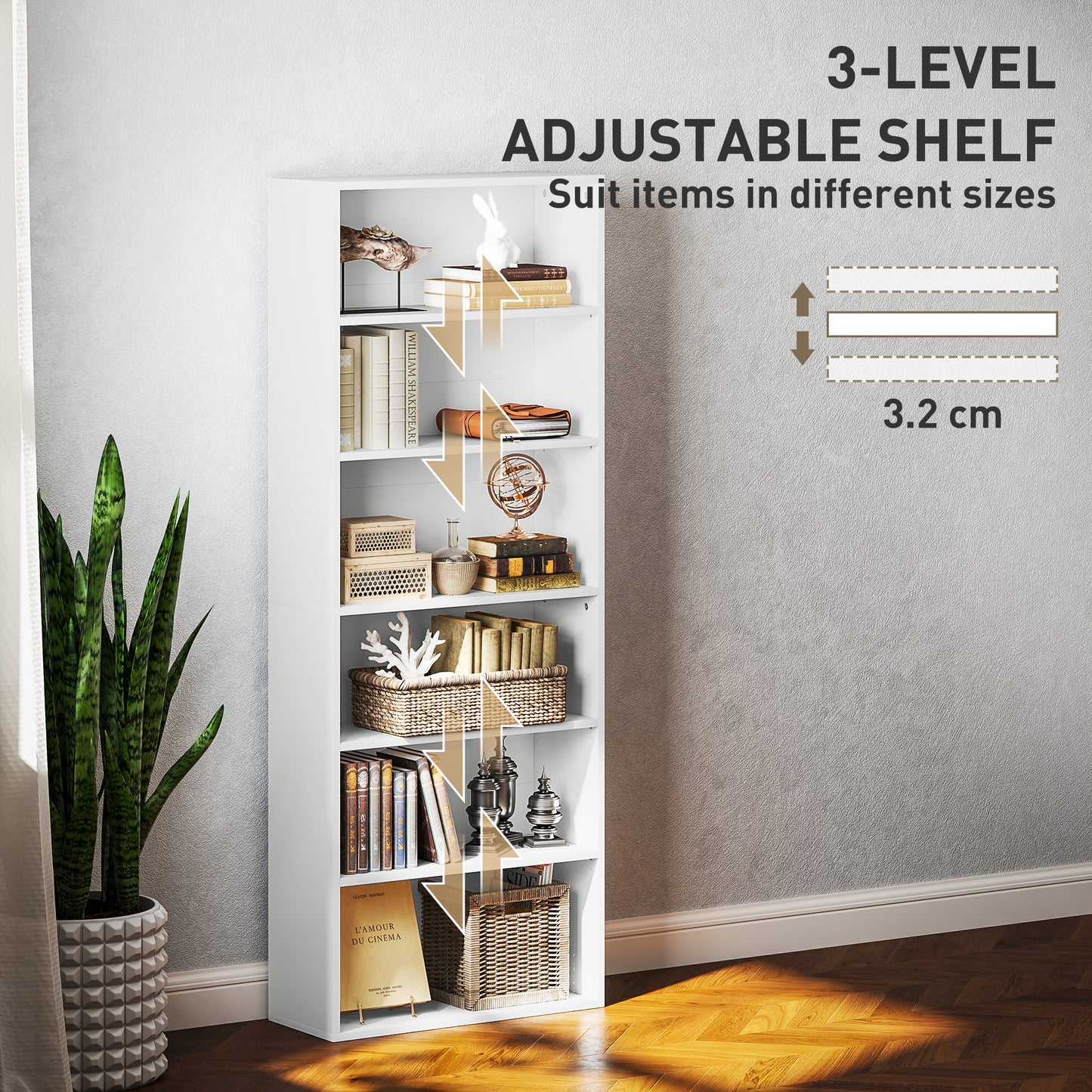 6 Tier Bookshelf, Freestanding Bookcase with Adjustable Shelves, White
