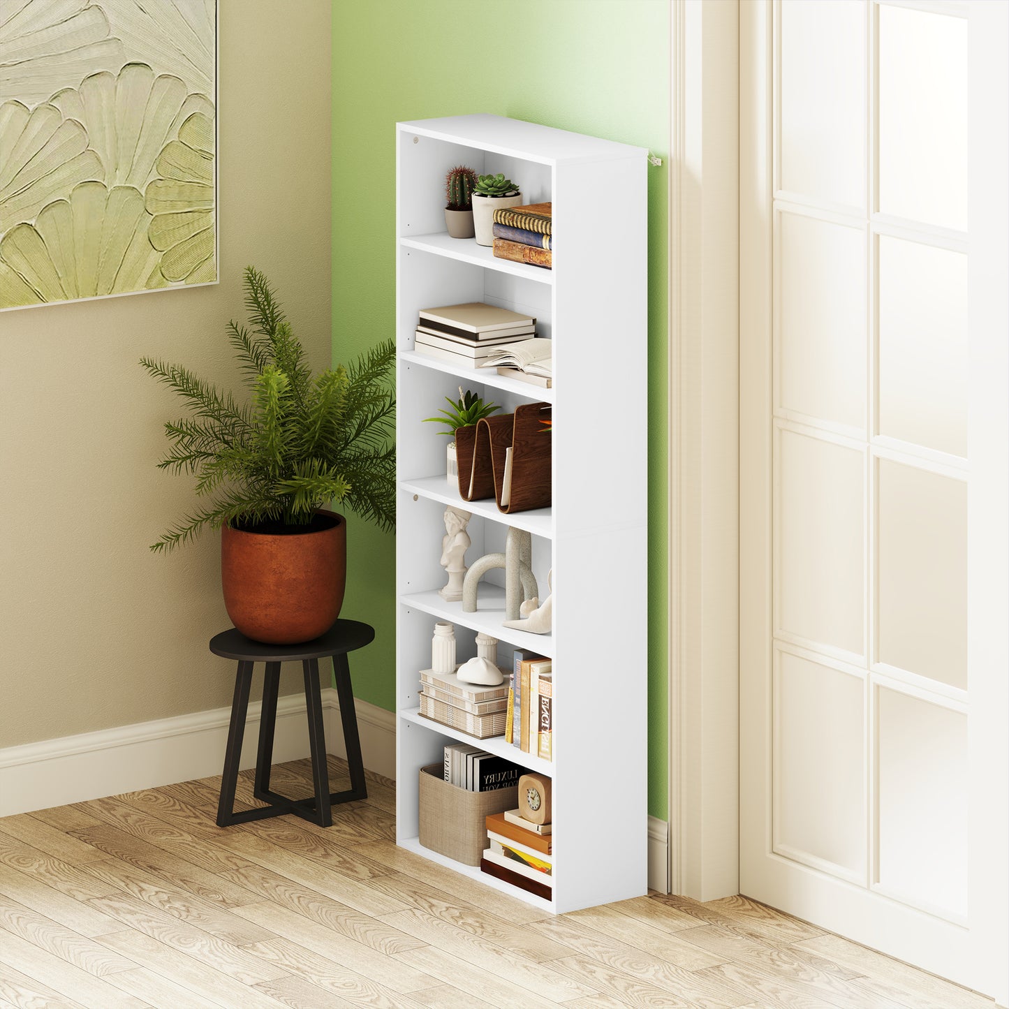 6 Tier Bookshelf, Freestanding Bookcase with Adjustable Shelves, White