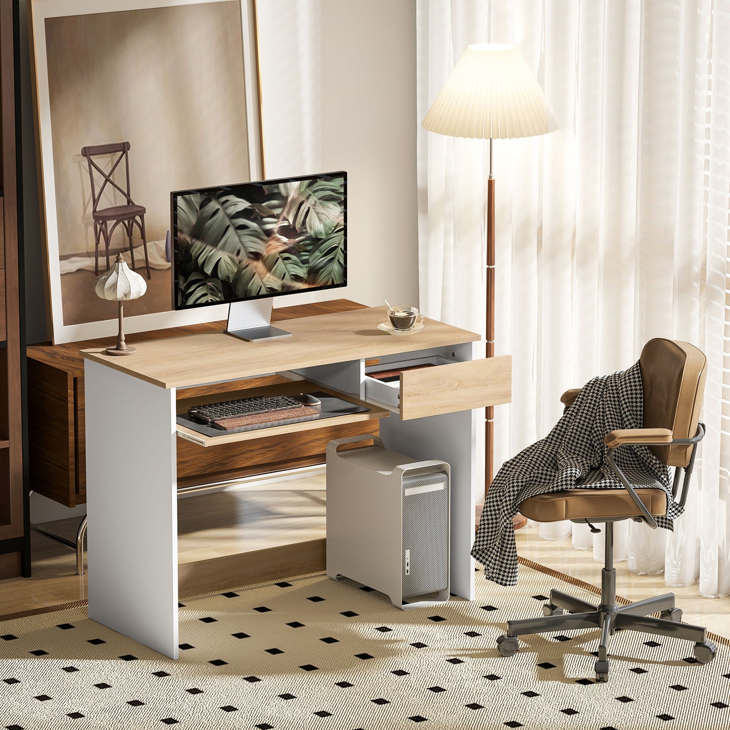 Compact Computer Table with Keyboard Tray and Drawer, Oak