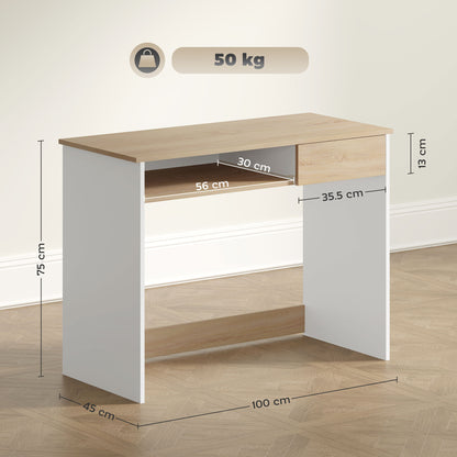Compact Computer Table with Keyboard Tray and Drawer, Oak