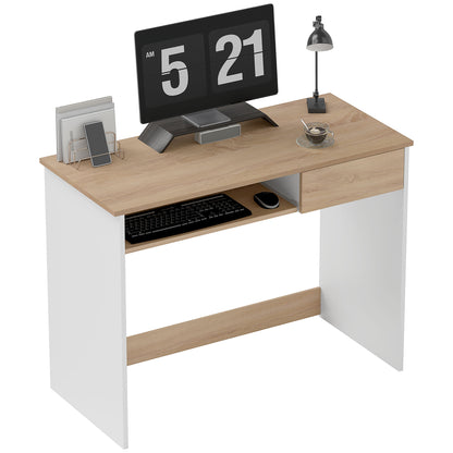 Compact Computer Table with Keyboard Tray and Drawer, Oak