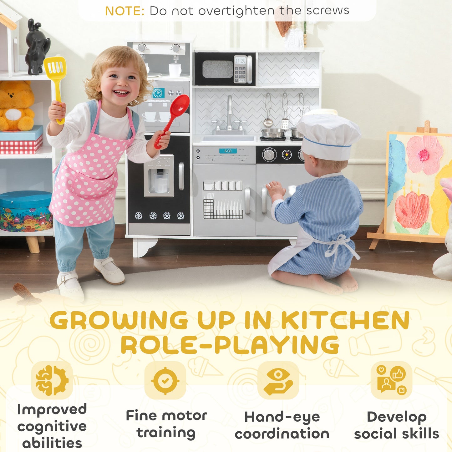 Kids Play Kitchen, Large Pretend Play Toy Kitchen with Stove Sounds, Microwave, Ice Maker, Coffee Maker, Sink, Stainless Steel Utensils, Cooking Role Play Set for Boys and Girls 3-6 Years