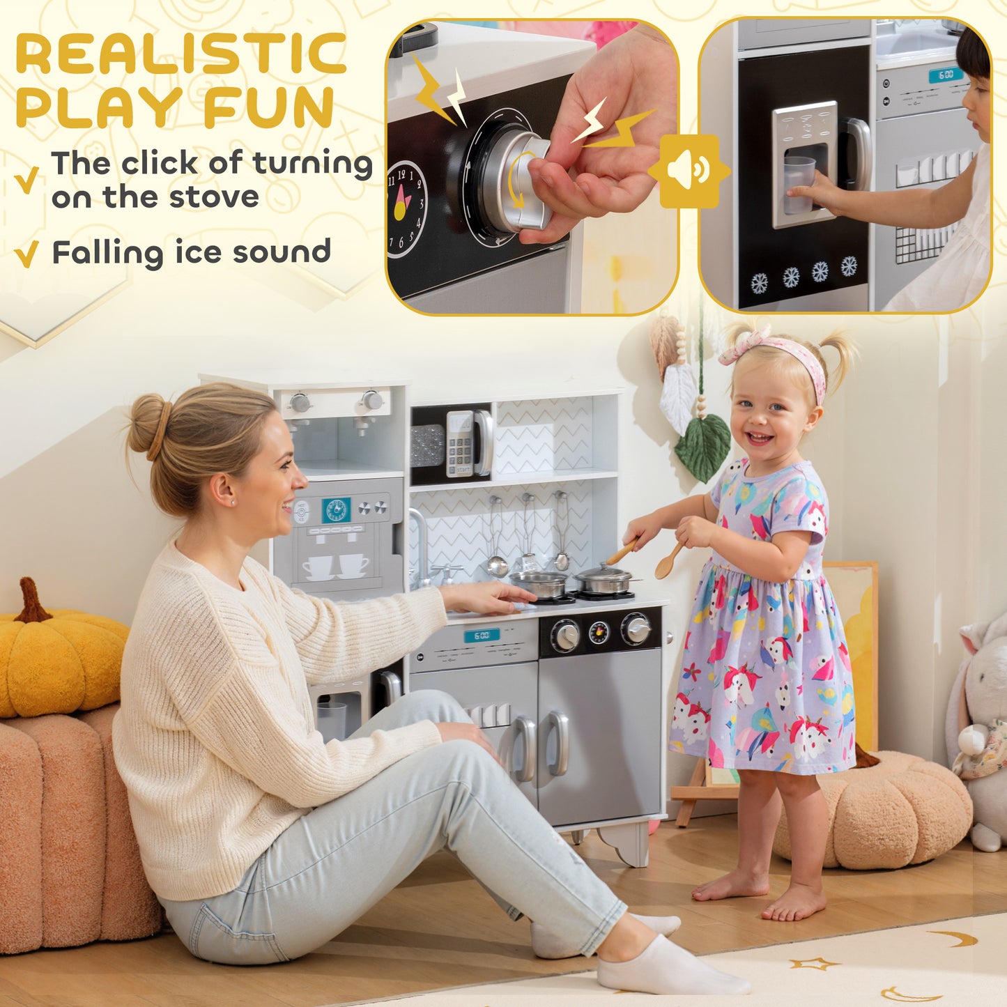 Kids Play Kitchen, Large Pretend Play Toy Kitchen with Stove Sounds, Microwave, Ice Maker, Coffee Maker, Sink, Stainless Steel Utensils, Cooking Role Play Set for Boys and Girls 3-6 Years