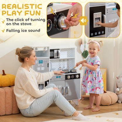 Kids Play Kitchen, Large Pretend Play Toy Kitchen with Stove Sounds, Microwave, Ice Maker, Coffee Maker, Sink, Stainless Steel Utensils, Cooking Role Play Set for Boys and Girls 3-6 Years