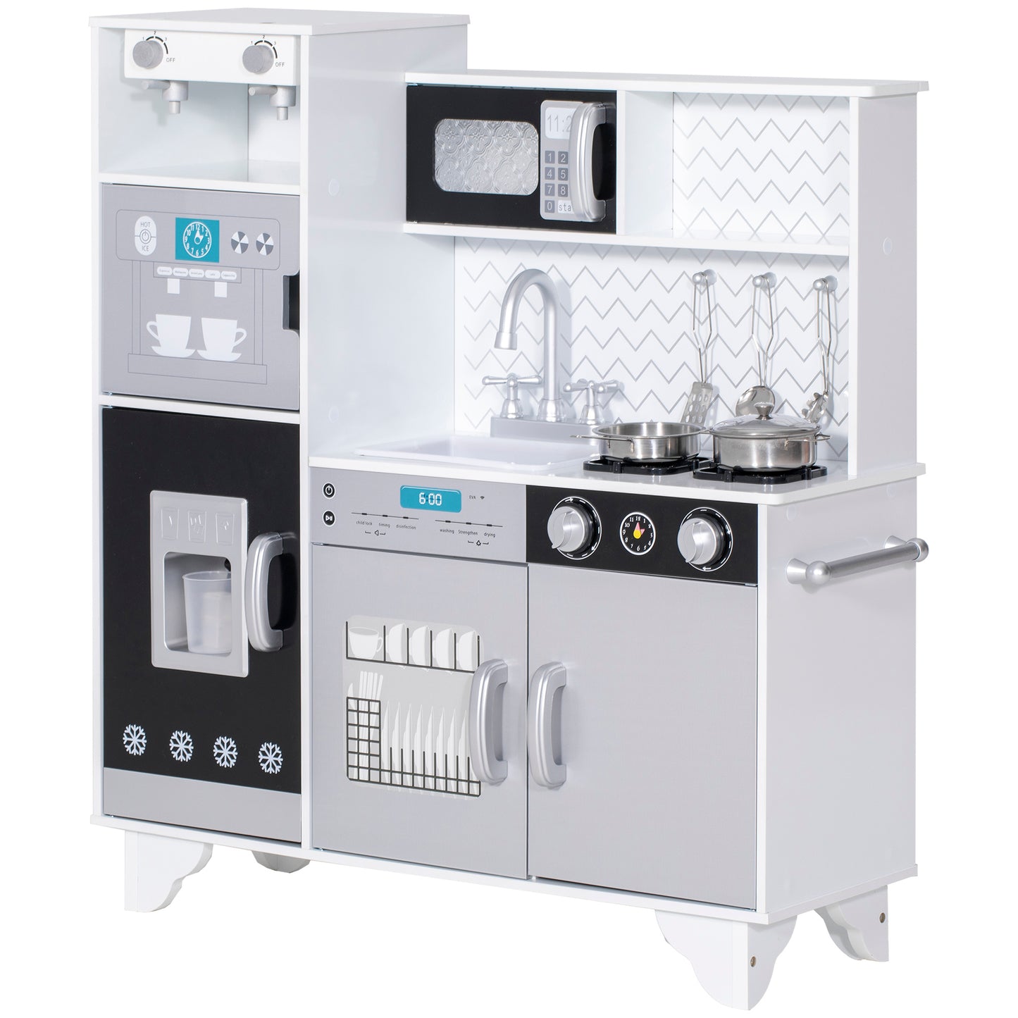 Kids Play Kitchen, Large Pretend Play Toy Kitchen with Stove Sounds, Microwave, Ice Maker, Coffee Maker, Sink, Stainless Steel Utensils, Cooking Role Play Set for Boys and Girls 3-6 Years