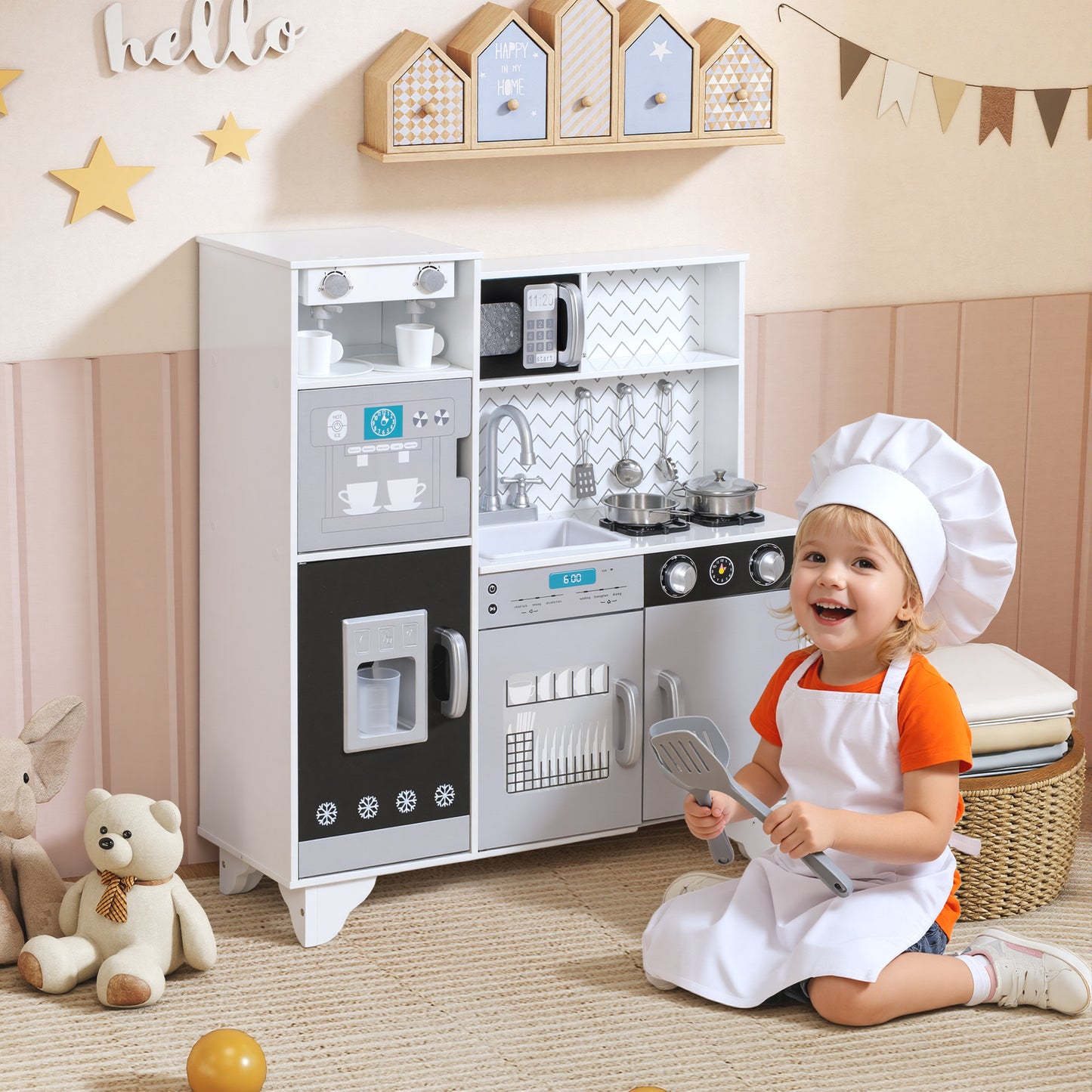 Kids Play Kitchen, Large Pretend Play Toy Kitchen with Stove Sounds, Microwave, Ice Maker, Coffee Maker, Sink, Stainless Steel Utensils, Cooking Role Play Set for Boys and Girls 3-6 Years
