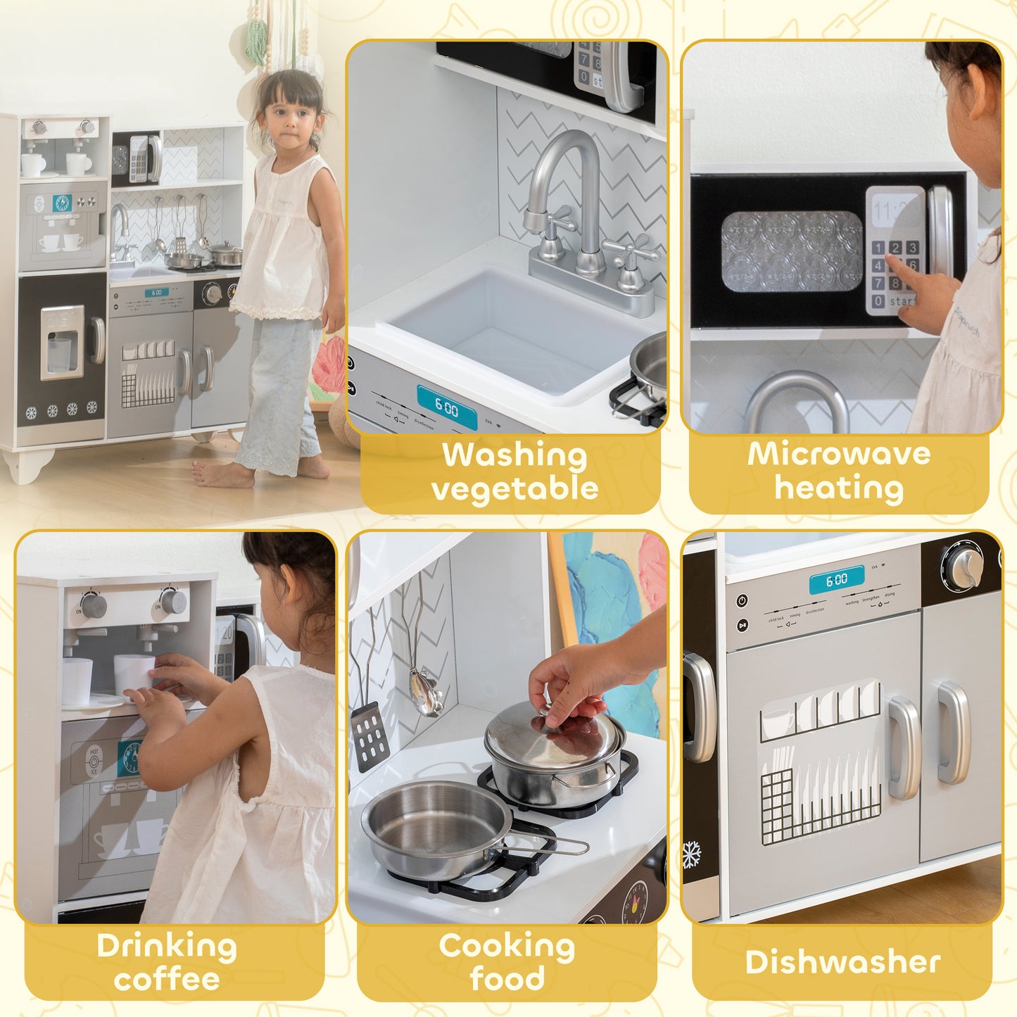Kids Play Kitchen, Large Pretend Play Toy Kitchen with Stove Sounds, Microwave, Ice Maker, Coffee Maker, Sink, Stainless Steel Utensils, Cooking Role Play Set for Boys and Girls 3-6 Years