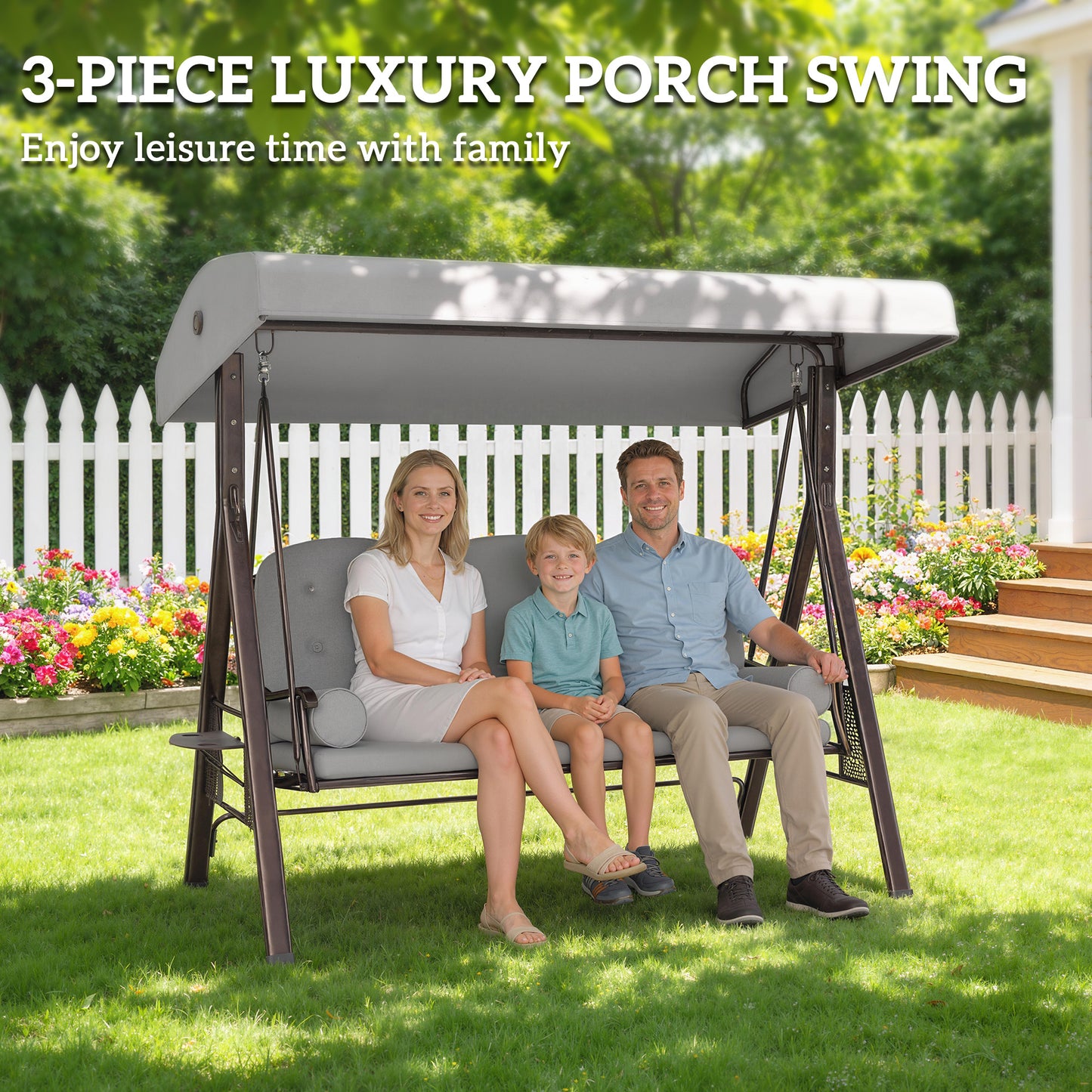 3 Seater Garden Swing Chair, Light Grey