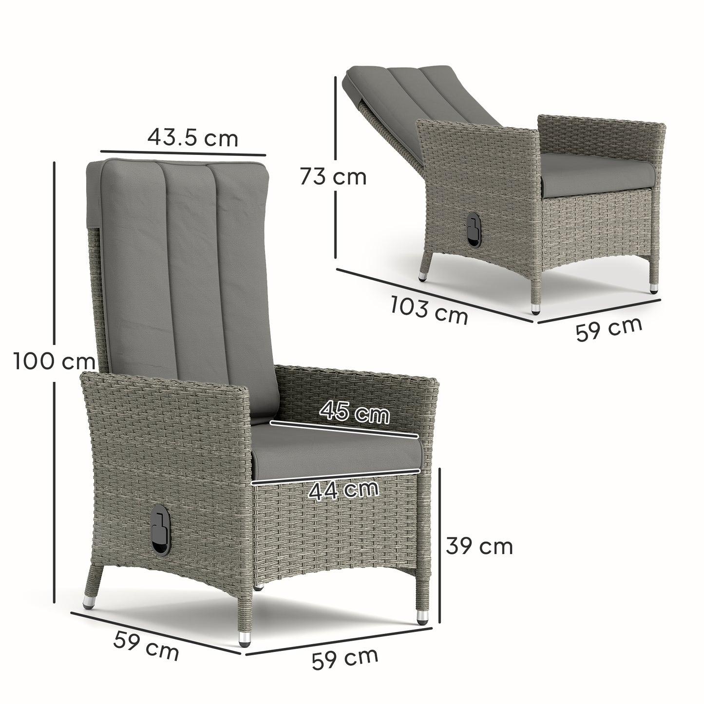 Rattan Garden Recliner Chair with Adjustable Backrest, Grey
