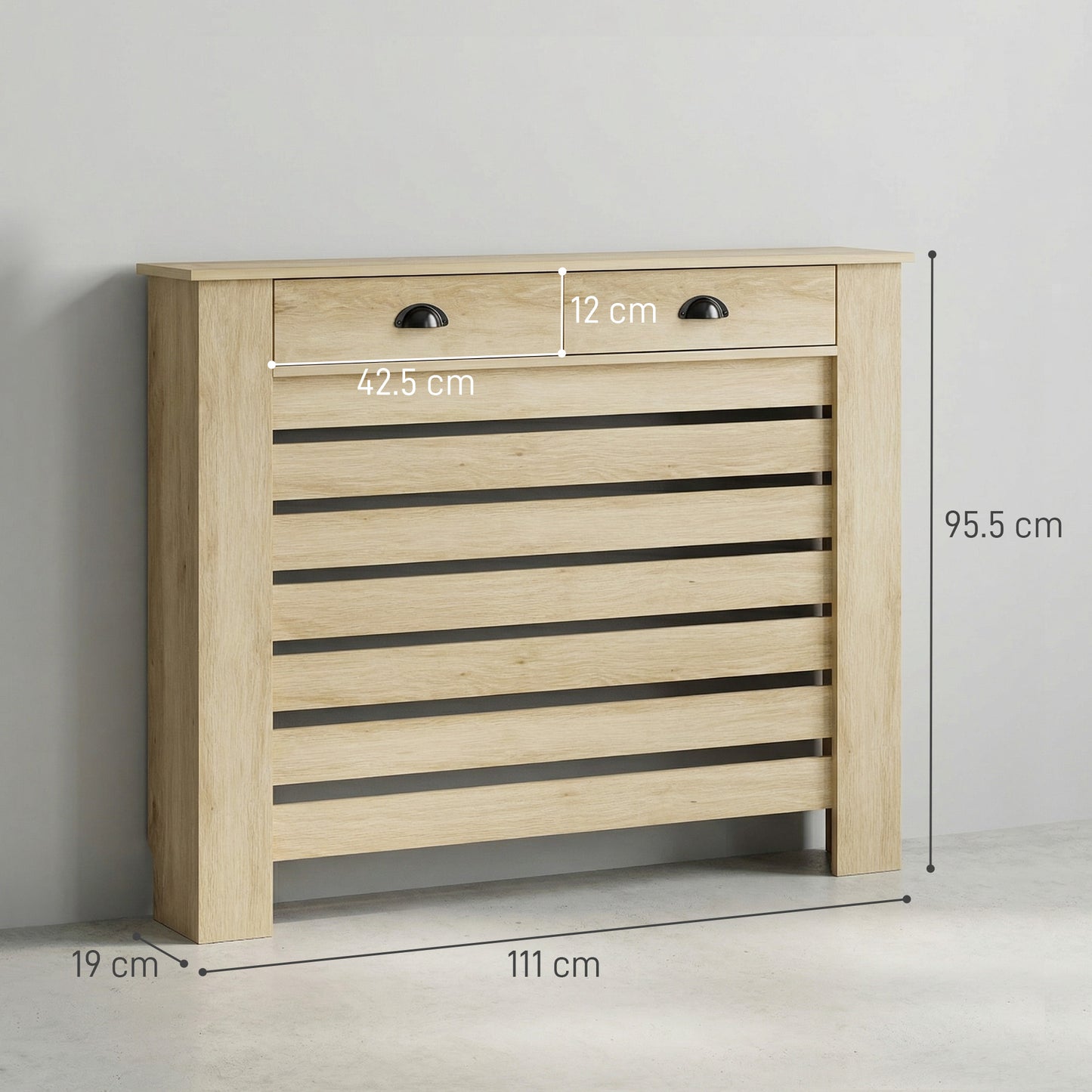 Radiator Cover with Drawer, Horizontal Slat, 111cm, Oak