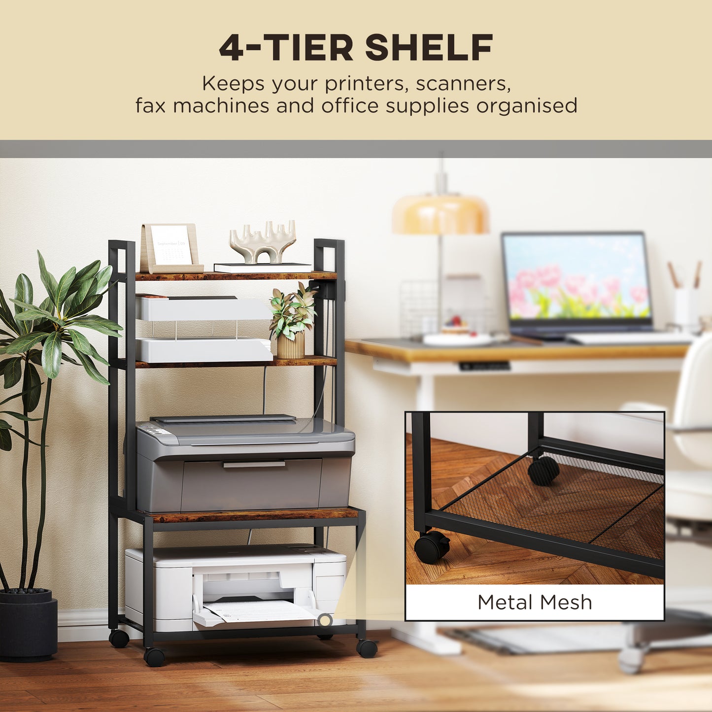 4-Tier Mobile Printer Stand with Power Outlets for Home Office
