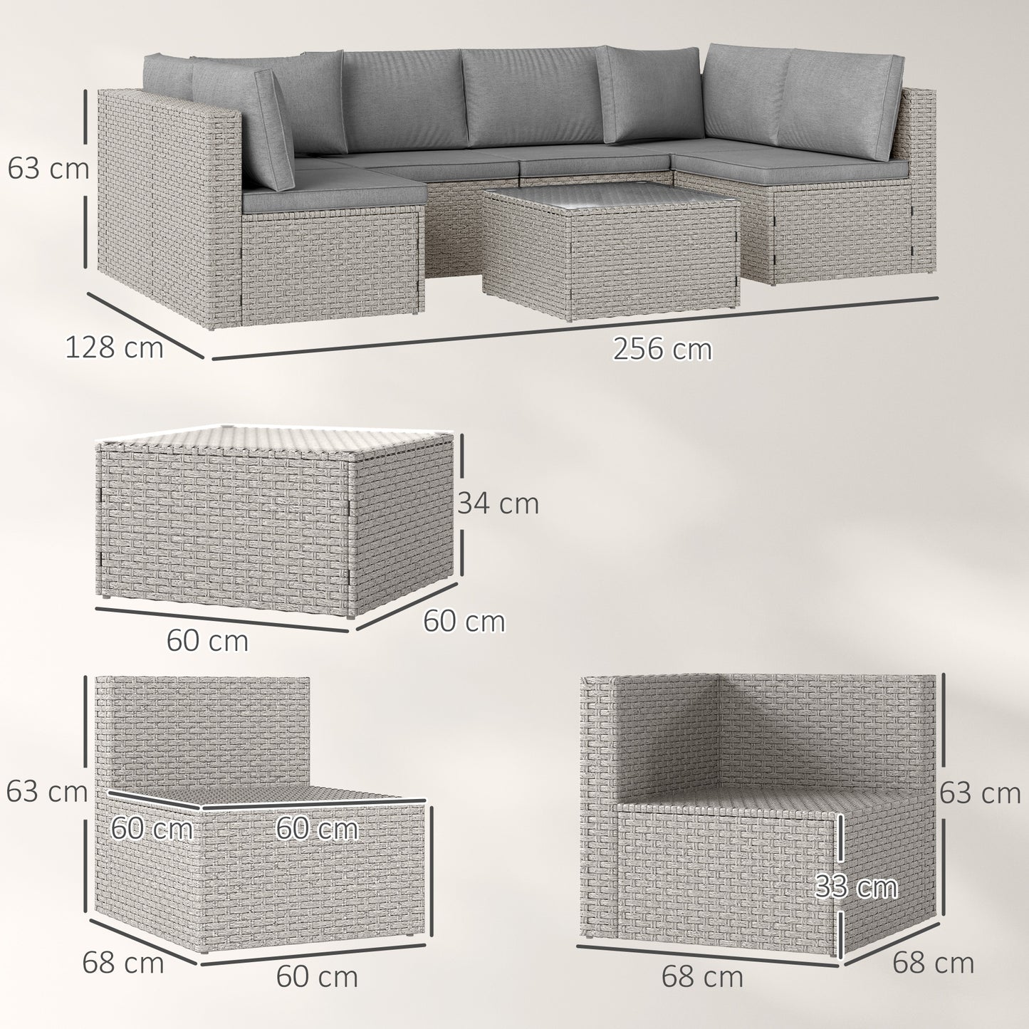 7 Pieces Rattan Garden Furniture Set with Cushions, Grey
