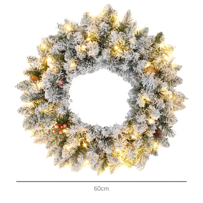 60cm Flocked Christmas Wreath with Lights Pine Cones Berries Green