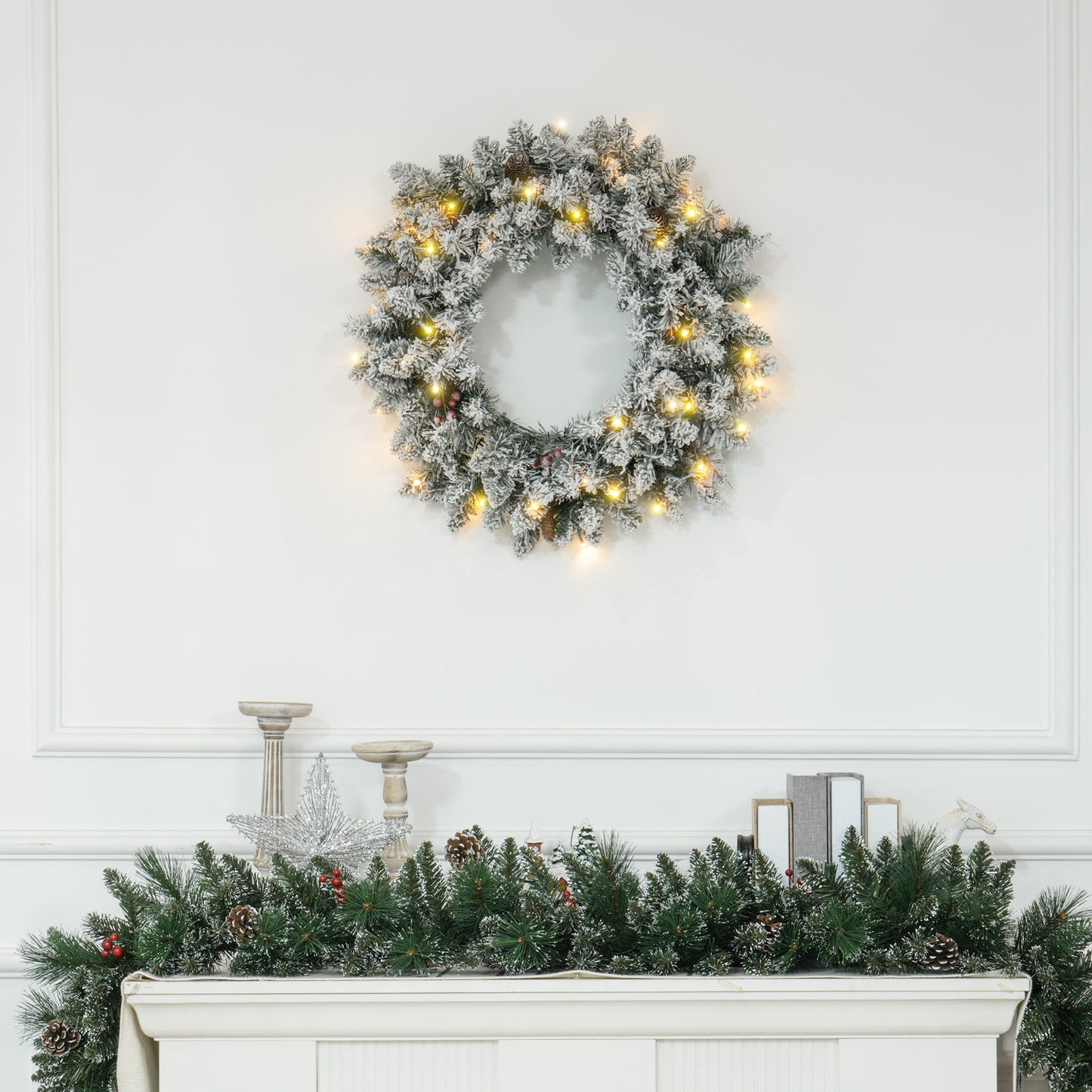 60cm Flocked Christmas Wreath with Lights Pine Cones Berries Green