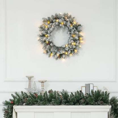 60cm Flocked Christmas Wreath with Lights Pine Cones Berries Green