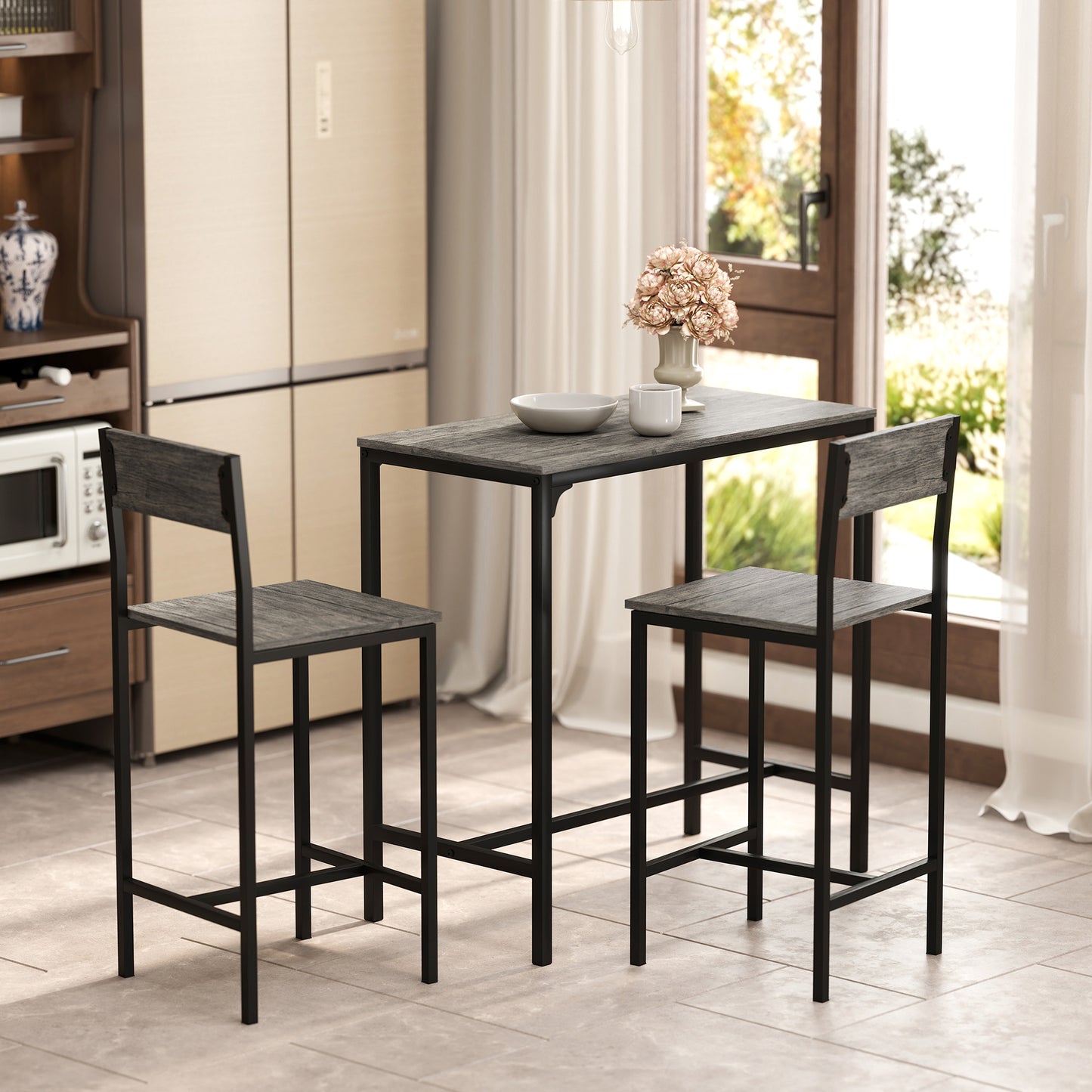 Bar Table and Stools Set, Kitchen Table and 2 Chairs with Backrest, Footrest