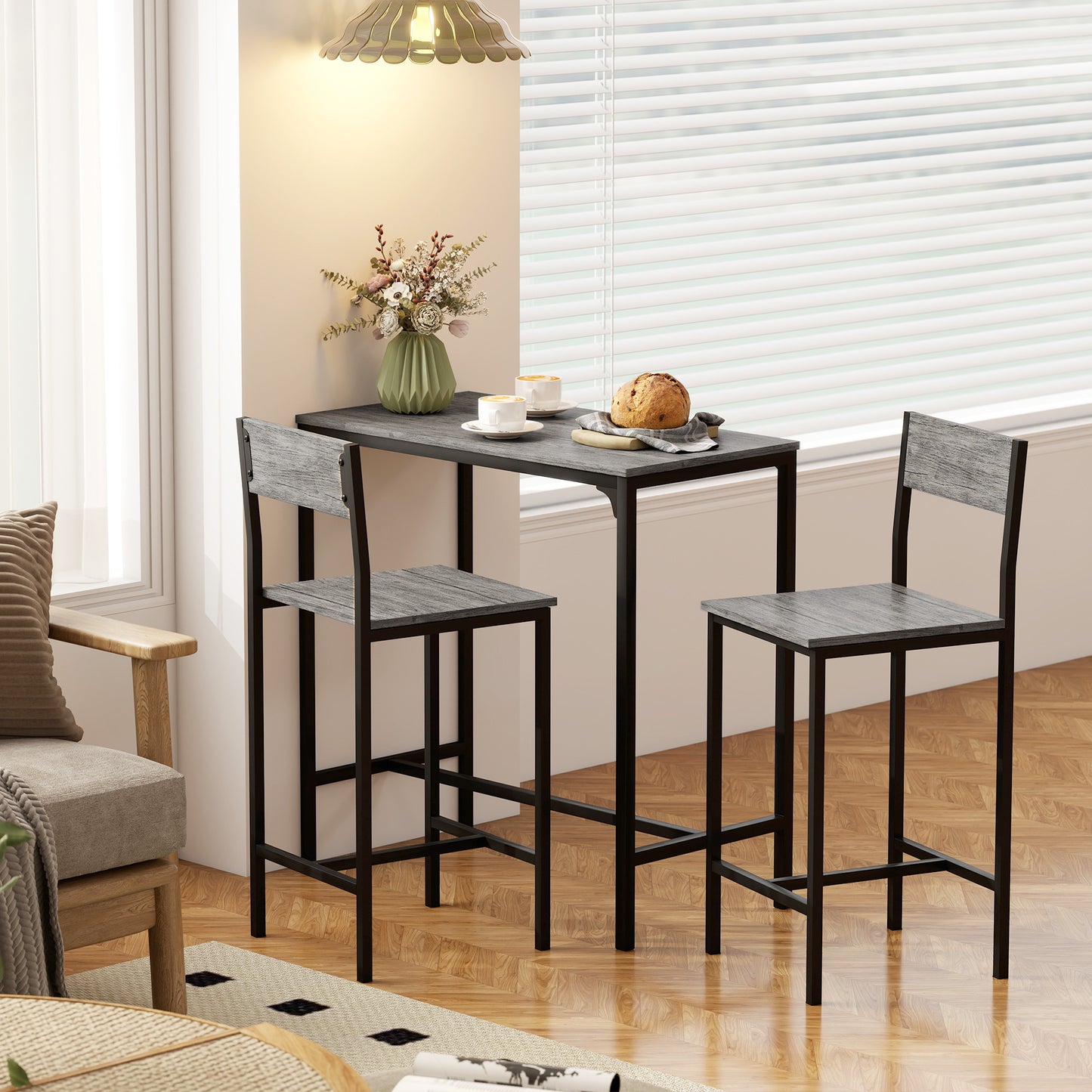 Bar Table and Stools Set, Kitchen Table and 2 Chairs with Backrest, Footrest