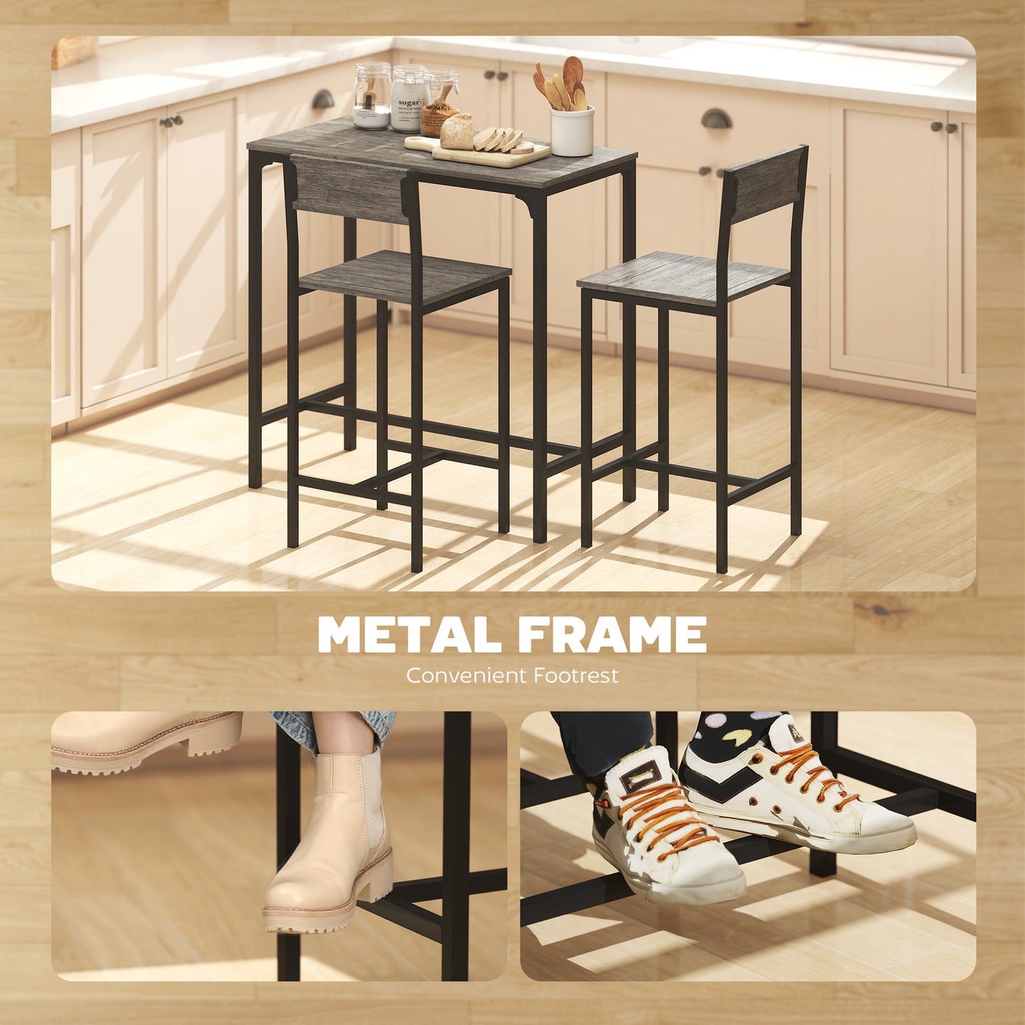 Bar Table and Stools Set, Kitchen Table and 2 Chairs with Backrest, Footrest