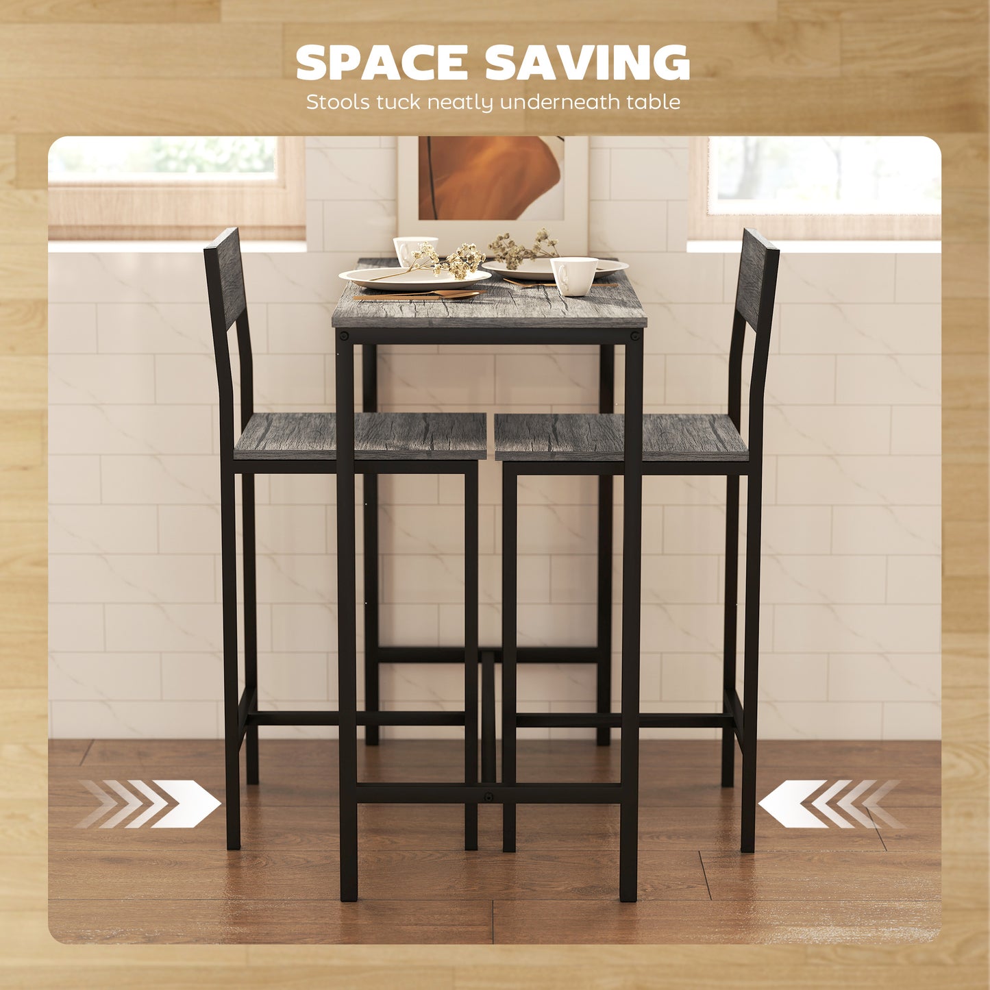 Bar Table and Stools Set, Kitchen Table and 2 Chairs with Backrest, Footrest