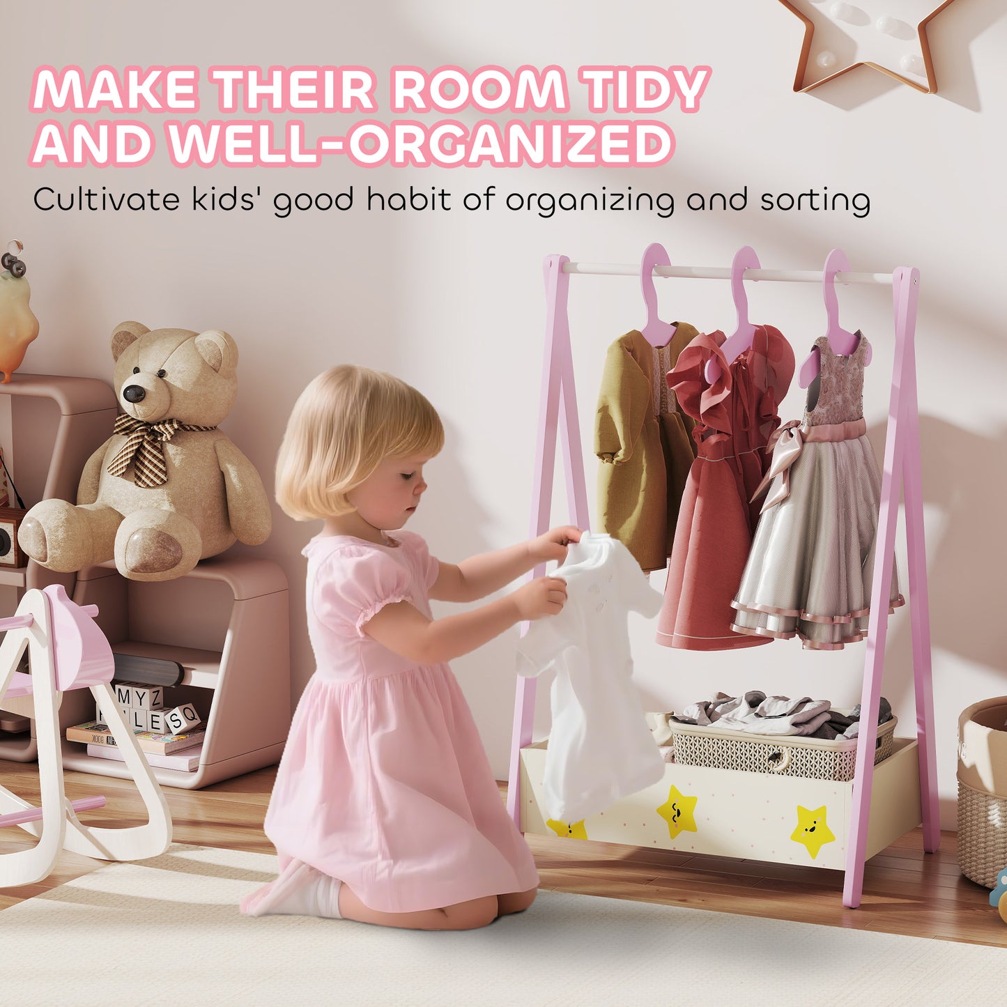 Baby Clothing Rack, Star Theme Kids Clothes Rail with Hangers, Storage Shelf for Bedroom, Toddler Dress Up Rail for Ages 3-6, Pink