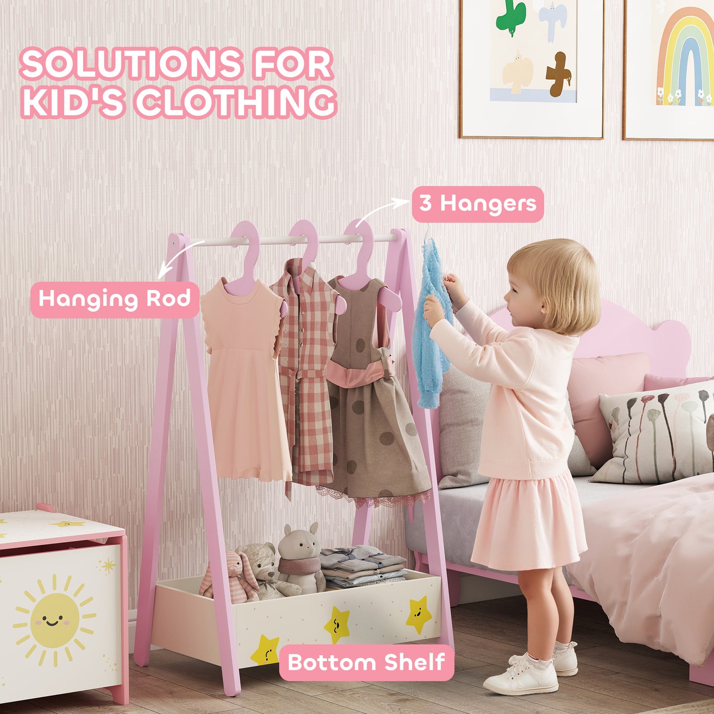 Baby Clothing Rack, Star Theme Kids Clothes Rail with Hangers, Storage Shelf for Bedroom, Toddler Dress Up Rail for Ages 3-6, Pink