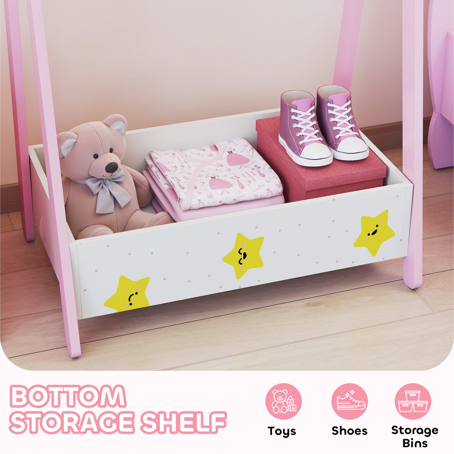 Baby Clothing Rack, Star Theme Kids Clothes Rail with Hangers, Storage Shelf for Bedroom, Toddler Dress Up Rail for Ages 3-6, Pink
