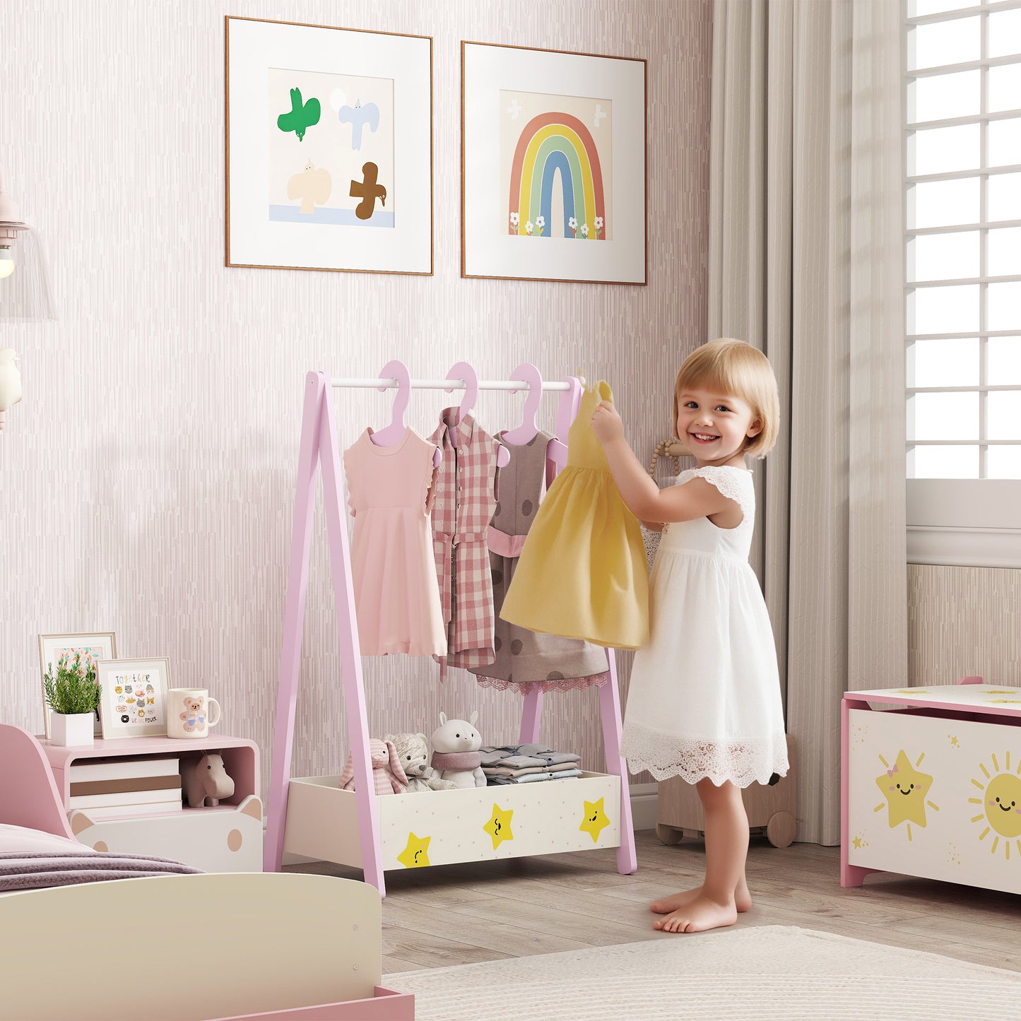 Baby Clothing Rack, Star Theme Kids Clothes Rail with Hangers, Storage Shelf for Bedroom, Toddler Dress Up Rail for Ages 3-6, Pink