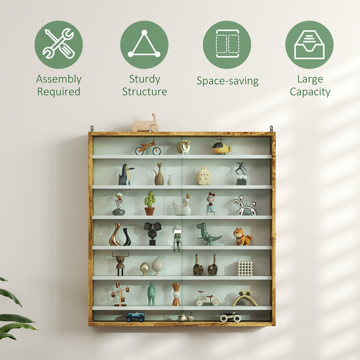 7-Tier Wall Display Cabinet w/ Shelves Glass Doors, Rustic Brown