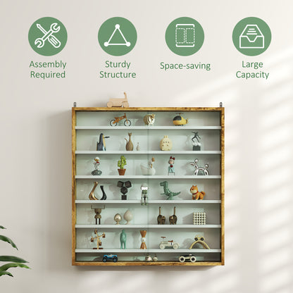 7-Tier Wall Display Cabinet w/ Shelves Glass Doors, Rustic Brown