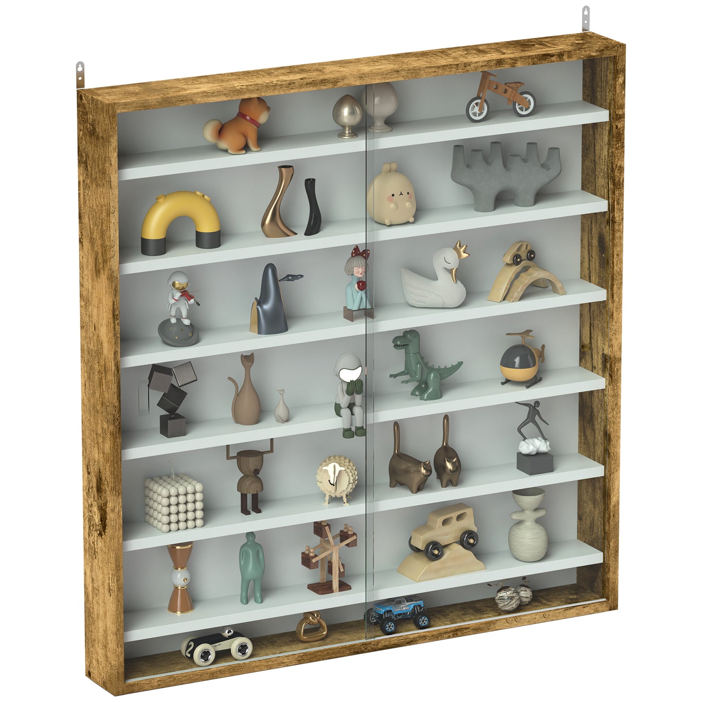 7-Tier Wall Display Cabinet w/ Shelves Glass Doors, Rustic Brown
